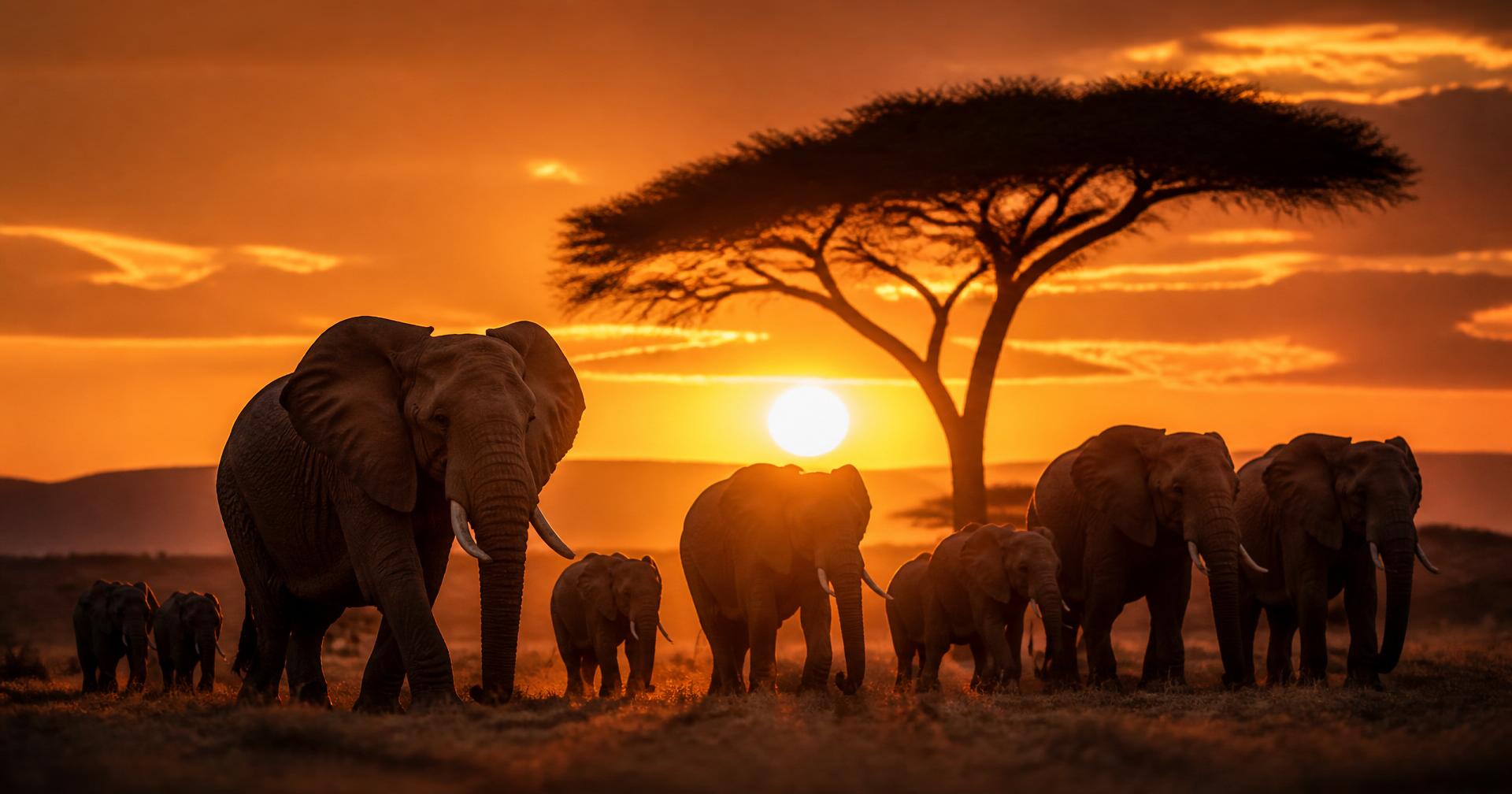 Elephant herd at sunset beneath an acacia tree